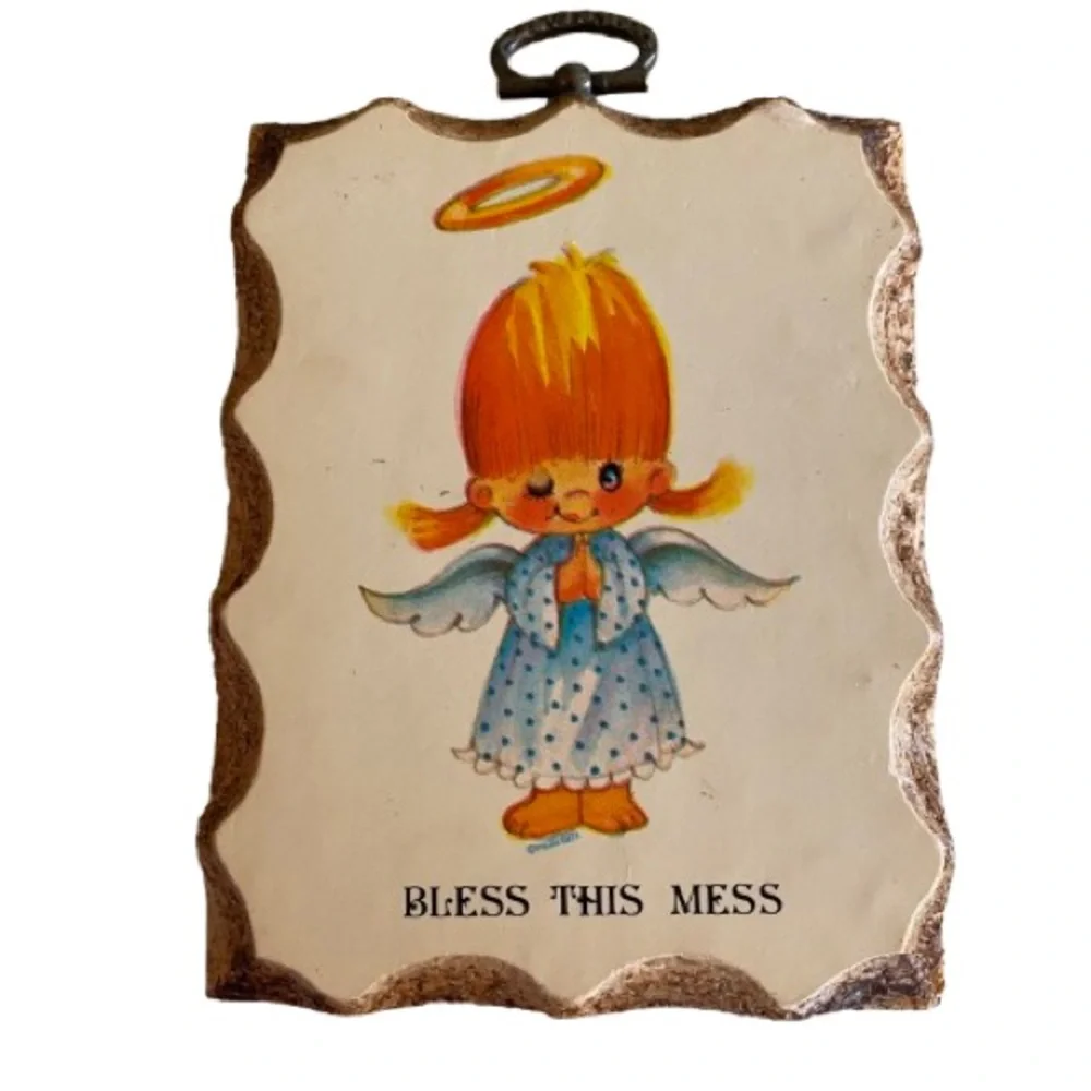 Vintage Paula-Cutes Bless This Mess Angel Wall Plaque Kitschy Retro Cottagecore